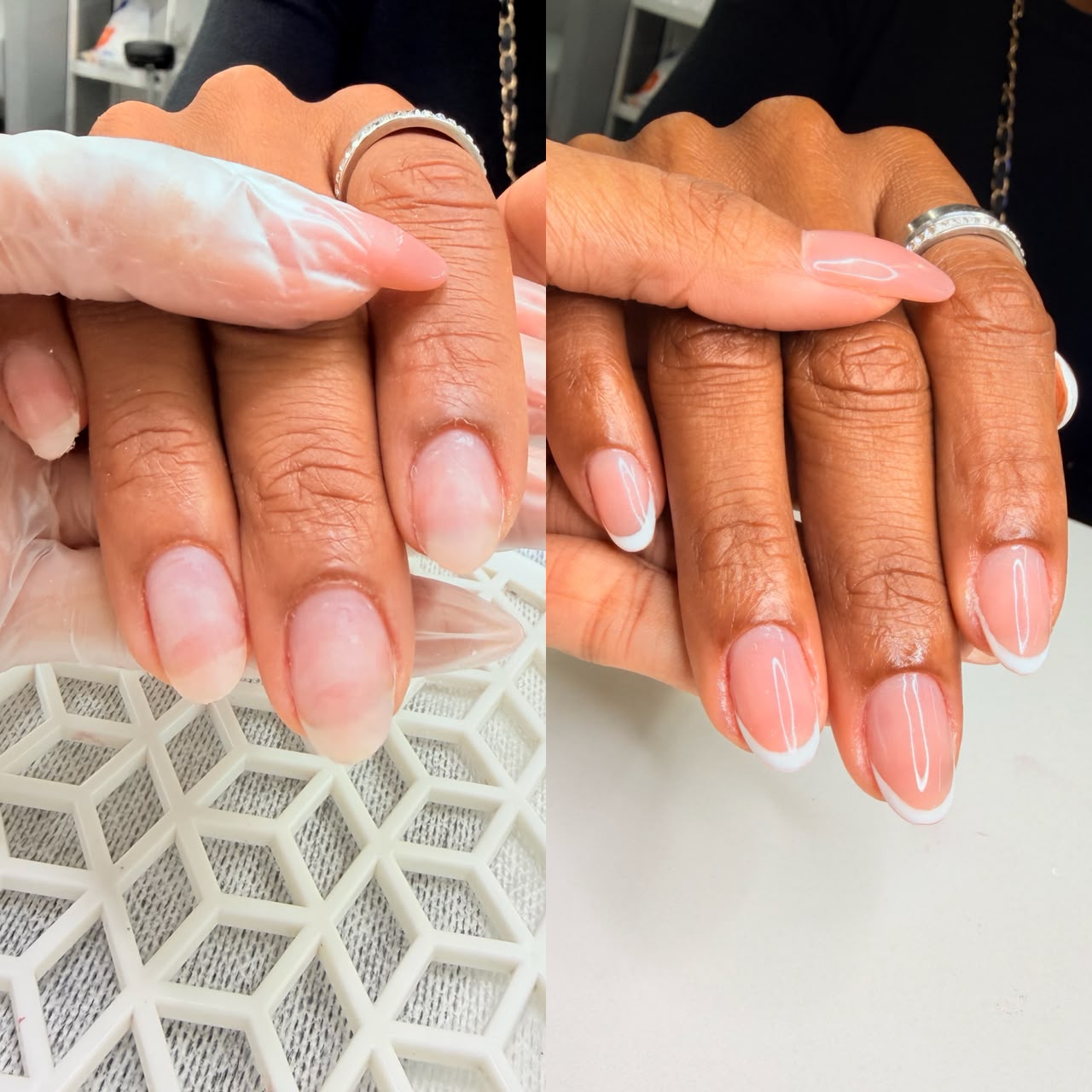 Unhas antes da finalização à esquerda e com francesinha rosa e branca à direita.