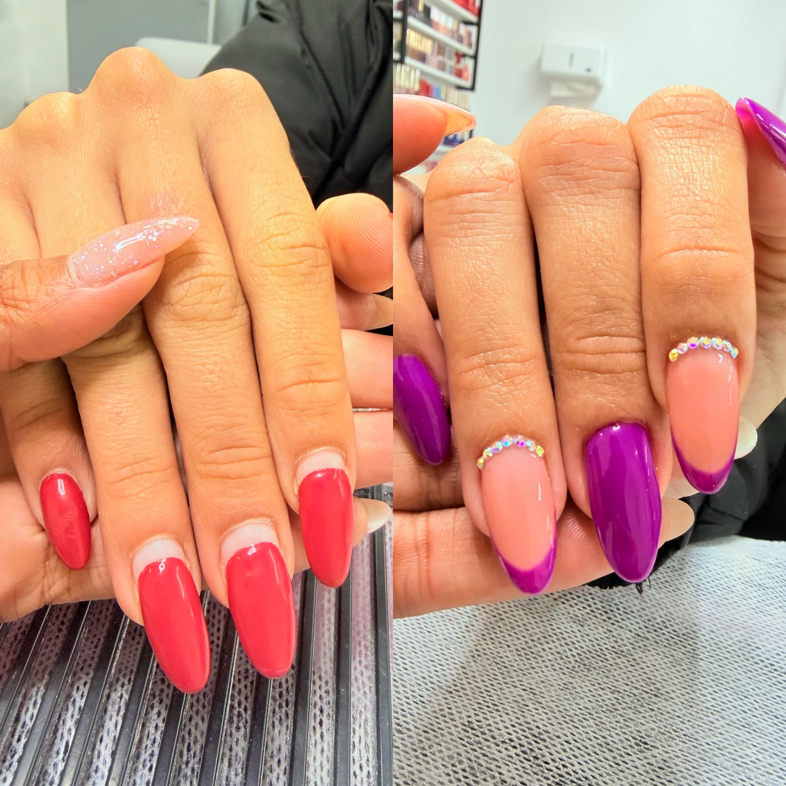 Unhas com esmaltação vermelha crescida à esquerda e renovadas com decoração roxa e rosa à direita.