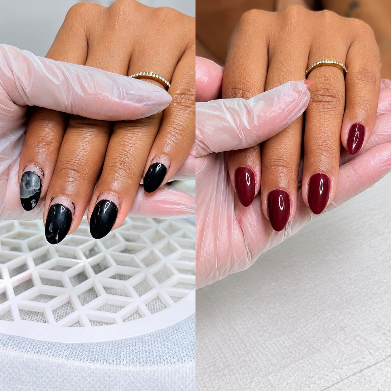 Unhas com esmaltação preta desgastada à esquerda e com acabamento vinho à direita.