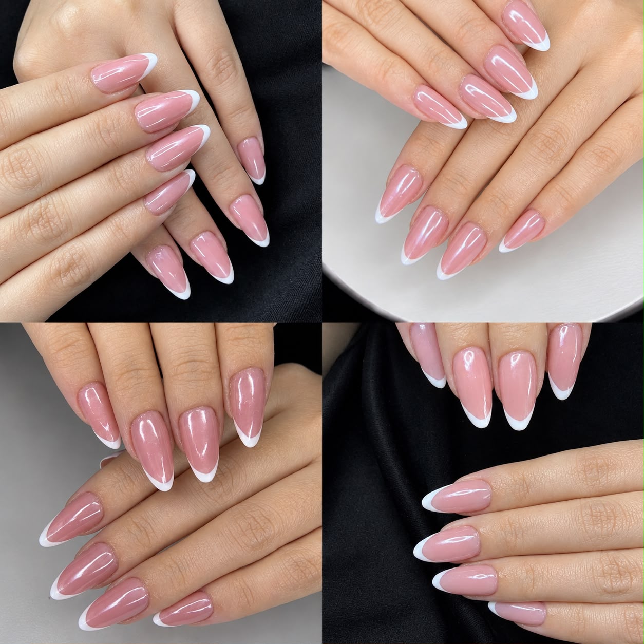 Unhas amendoadas rosadas com francesinha branca