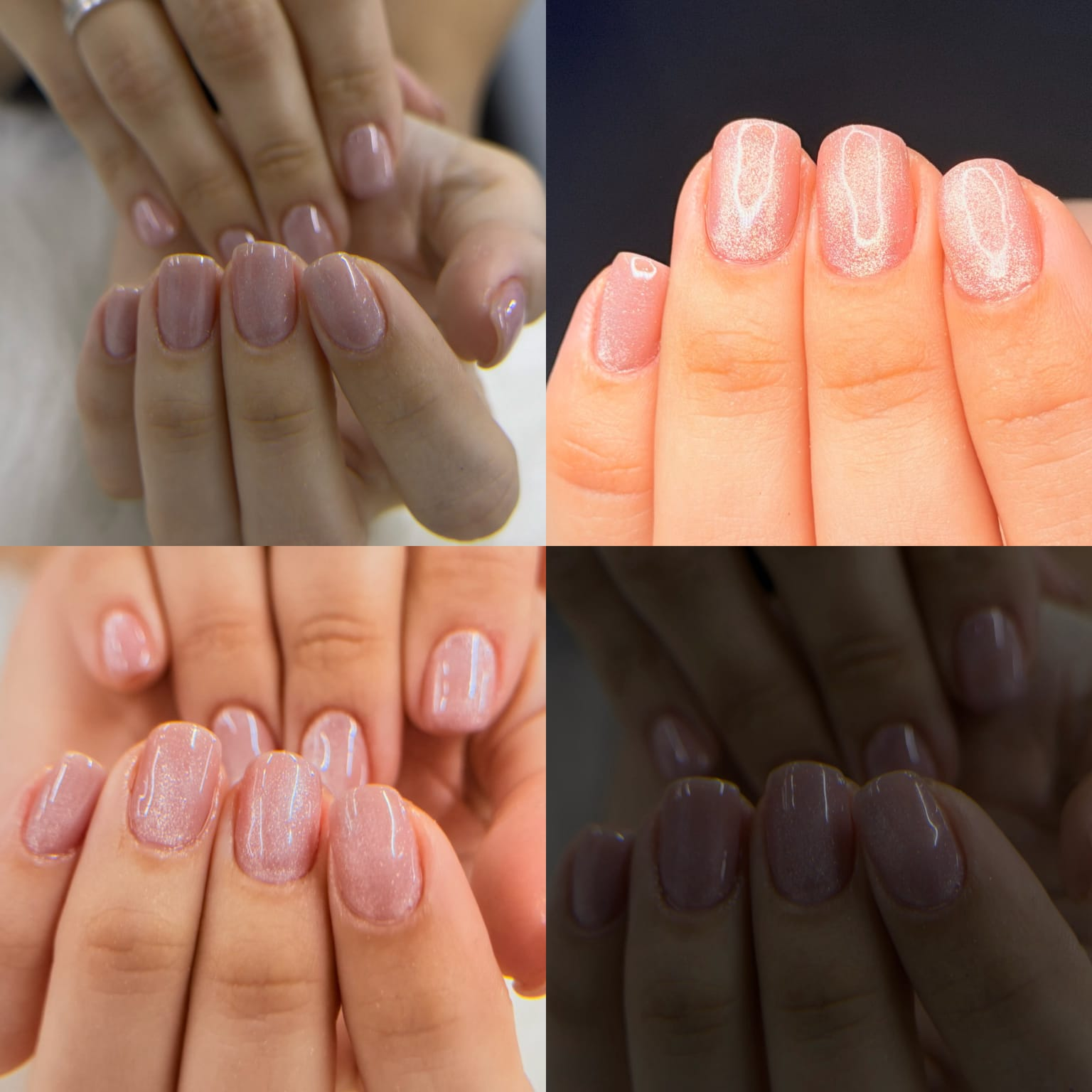 Unhas curtas em rosé com acabamento magnético brilhante